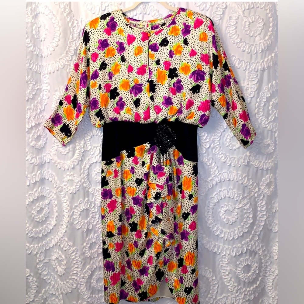Oleg Cassini Silk Vintage Floral Polka Dot Dress Beaded Embellished Waist 12